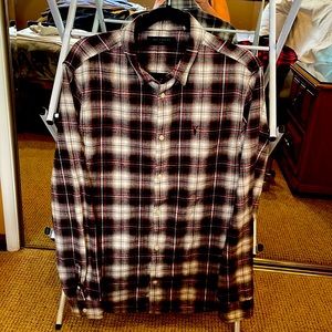 All Saints Men’s long sleeve button up … brown, red, white OR black & red